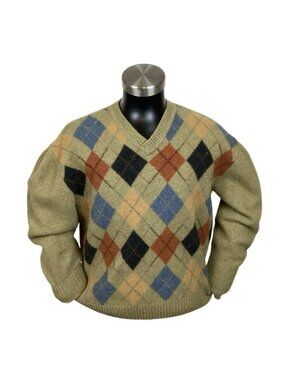 Rainforest Argyle Grandpa Sweater Merino Wool Mens Medium Fit Olive Green Retro